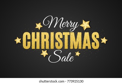 Background for Christmas sale. The text is from gold glitters on a black background. Big sale. Golden stars. Vector illustration