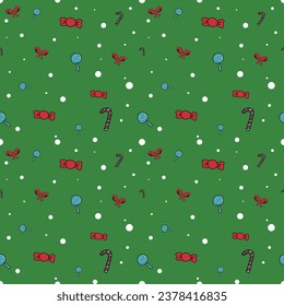 background Christmas seamless pattern wrapping paper, present paper, red ribbon bow, red candies, blue lollipops, candy cane and snow
