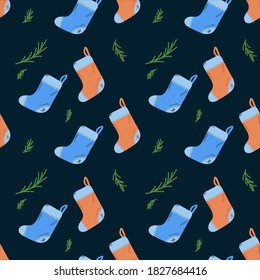 Background of Christmas socks for gifts. Cartoon texture with a winter mood for Christmas. For a winter greeting card, a festive background. Happy New Year and merry Christmas. Vector illustration