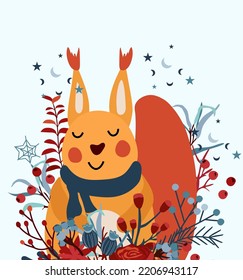 Background with Christmas squirrel in a scarf with red berries, colorful leaves, winter flowers and other. Magical winter animal. Perfect for greeting cards, posters, flyers, banners.Vector.