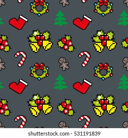 Background with Christmas symbols Pixel art Winter pattern Blue color Vector Christmas seamless pattern with Christmas tree, gingerbread man, wreath, decoration, striped candy Christmas sock for gift