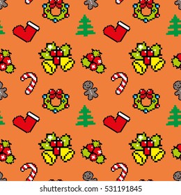 Background with Christmas symbols Pixel art Winter pattern Orange color Vector Christmas seamless pattern with Christmas tree, gingerbread man, wreath, decoration striped candy Christmas sock for gift