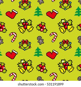 Background with Christmas symbols Pixel art Winter pattern Green color Vector Christmas seamless pattern with Christmas tree, gingerbread man wreath, decoration, striped candy Christmas sock for gift