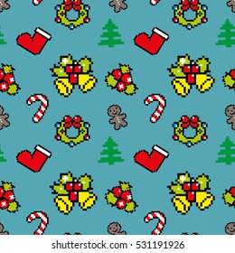 Background with Christmas symbols Pixel art Winter pattern Blue color Vector Christmas seamless pattern with Christmas tree, gingerbread man, wreath, decoration, striped candy Christmas sock for gift