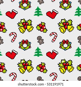 Background with Christmas symbols Pixel art Winter pattern Gray color Vector Christmas seamless pattern with Christmas tree, gingerbread man, wreath, decoration, striped candy Christmas sock for gift