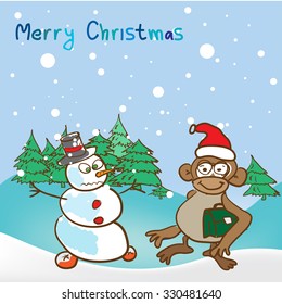 Background for a Christmas theme with monkey and snowman 2016