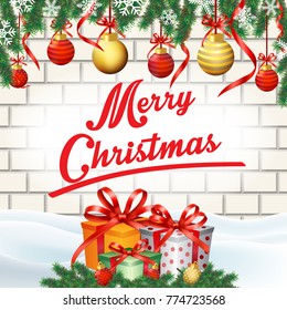 background christmas theme with pine, red ball, gold ball and giftbox ribbon on brick block texture for copy space