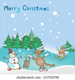 Background for a Christmas theme with snowman and cats