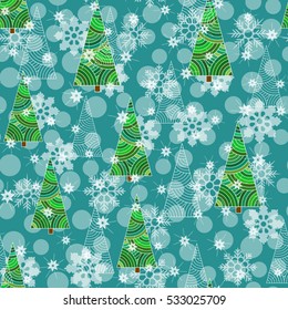 Background with Christmas tree, christmas balls and snowflake. Seamless pattern for winter holiday design made of simple doodles