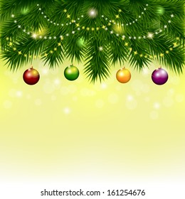 Background with Christmas tree branches and balls. 
