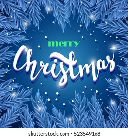 Background with christmas tree branches and quote merry Christmas, vector illustration