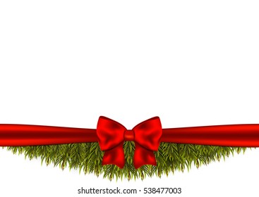 Background with christmas tree branches and a red ribbon.