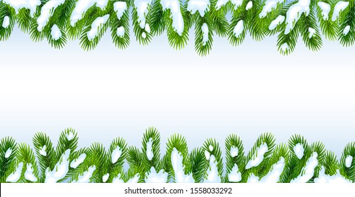 Background with Christmas tree branches in the snow.
Isolated over white background. Great for New Year banners, cards, posters.
