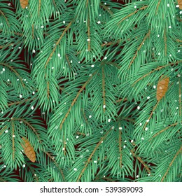 Background of Christmas tree branches and snowfall. Vector illustration for your design.