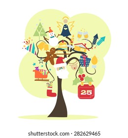 background with Christmas tree decorated with colored icons
