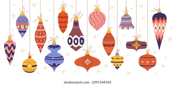 Background of Christmas tree decorations in cartoon retro style of the 90s. New Year's balls on the tree, garlands. Holiday pattern vector