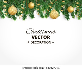 Antecedentes con guirnaldas y adornos de árboles de Navidad. Bolas de brillantina doradas y cintas. Excelente para tarjetas de Navidad, pancartas, volantes, afiches del partido. Ilustración del vector