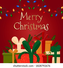 
Antecedentes con guirnaldas de árboles de Navidad, etc. Varias cajas con regalos. Ilustración vectorial. Para tarjetas, volantes y fondos
