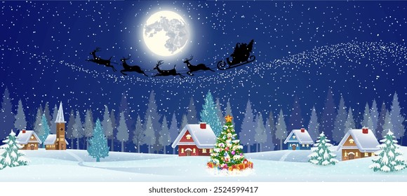 background with christmas tree and gift boxes, moon and the silhouette of Santa Claus flying on sleigh pulled by reindeer over night village. concept for greeting or postal card, vector illustration