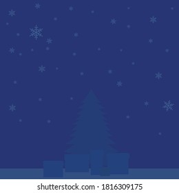 background christmas tree with gifts while falling snowflakes