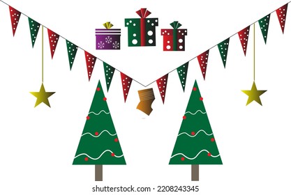  Background christmas tree and gifts.Background Xmas design of realistic beige gifts box, decorative green tree pine, gold star, golden tinsel confetti.