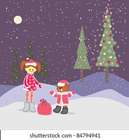 background with christmas tree, little girl and santa claus bear