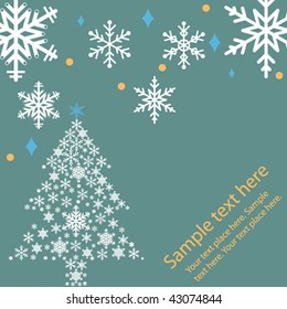 Background with Christmas Tree and set of Snowflakes