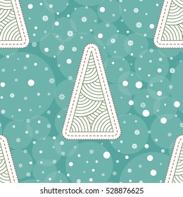 Background with Christmas tree and snowflakes. Seamless Modern xmas pattern for winter holiday design. Embroidery stylization