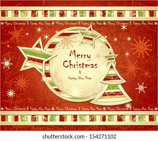 Background with Christmas Tree stars snowflakes with grunge effect red colors