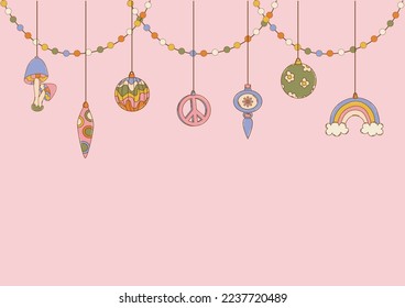 Background with Christmas tree toys in hippie style. Flat vector illustration.