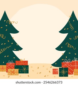 background with Christmas trees and colorful rich gifts. Festive background with decorated Christmas trees and confetti