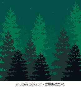 Background with Christmas trees, night landscape. The night sky over the forest. Greeting card, place for text