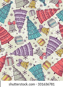 background with christmas trees, presents and bells, vector illustration