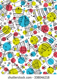 background with christmas trees, presents and bells, vector illustration