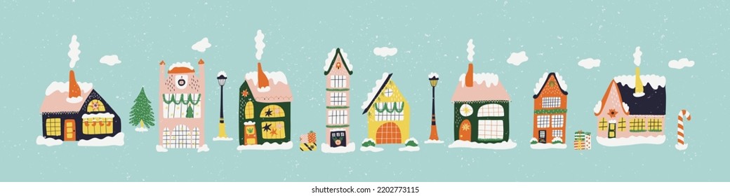 Background with christmas village with winter houses. Print for banner, greeting card, T shirt, media, fabric, textiles. Happy New Year greetings background. Hand drawn vector illustration.