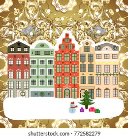 Background. Christmas winter scene. Evening village winter landscape with snow cove houses. Vector illustration.