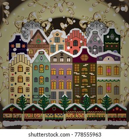 Background. Christmas winter scene. Evening village winter landscape with snow cove houses. Vector illustration.