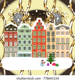 Background. Christmas winter scene. Evening village winter landscape with snow cove houses. Vector illustration.