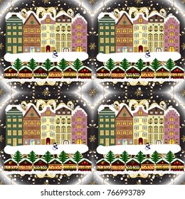 Background. Christmas winter scene. Vector illustration. Evening village winter landscape with snow cove houses.