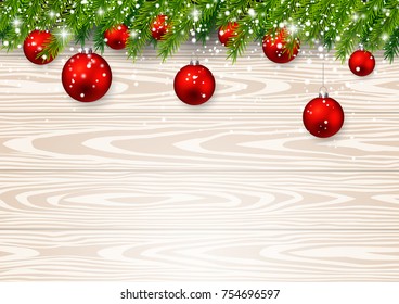 Background christmas wood with fir branches and christmas ball. Vector illustrations