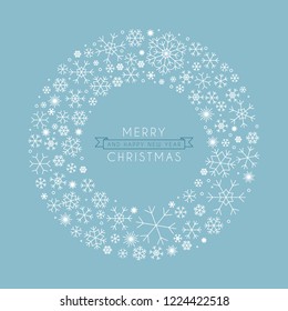 Background with Christmas wreath consisting of snowflakes. With the text Merry Christmas and a Happy New Year. Blue background