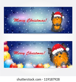 Background with christmas yorkshire terrier . Set of banners. Easy to edit. Perfect for invitations or announcements.