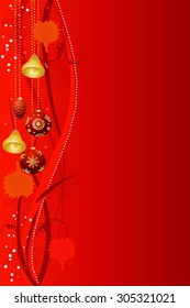 ?hristmas background with Christmas-tree decorations, bell, snow and strips, for greeting card or banner, vector illustration