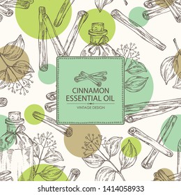 Background with cinnamon and bottle of essential oil. Cosmetic, perfumery and medical plant. Vector hand drawn illustration