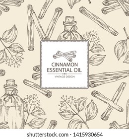 Background with cinnamon and bottle of essential oil. Cosmetic, perfumery and medical plant. Vector hand drawn illustration