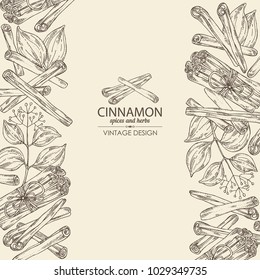 Background with cinnamon and cinnamon plant. Vector hand drawn illustration.