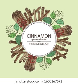 Background with cinnamon and cinnamon plant. Vector hand drawn illustration.