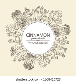 Background with cinnamon and cinnamon plant. Vector hand drawn illustration.