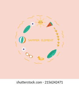 background circle of summer collection elements , sun ,leaves , flowers ,piece ,watermelon , glasses ,branch 