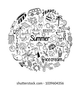 Background in circle with summer set of isolated cute white images with black lines in doodle style and text lettering. Hand dtawn line art illustration with things for beach and holiday. Vector.